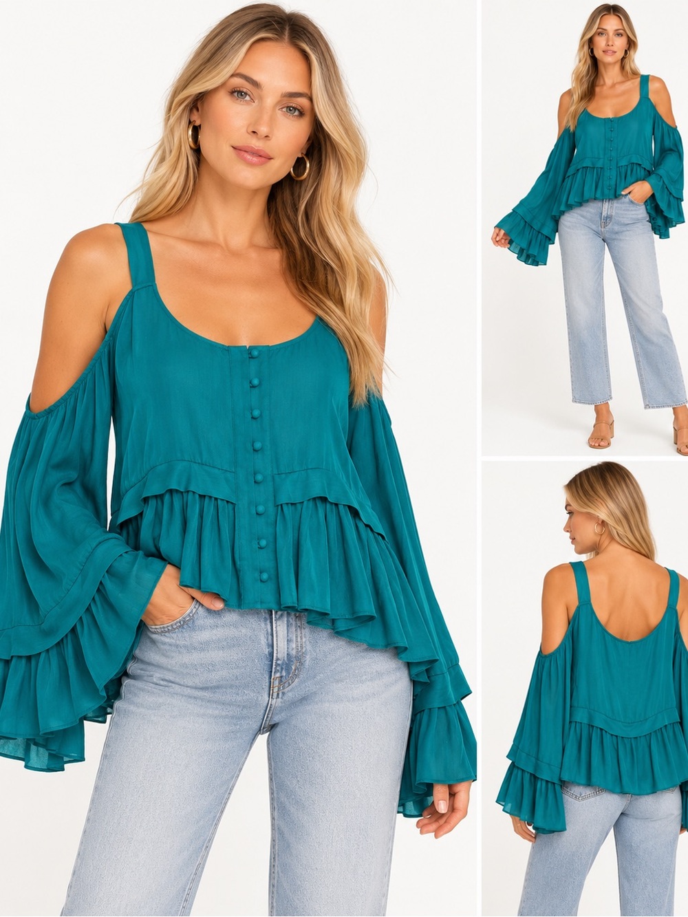 Anthropologie Maeve Teal Cold Shoulder Ruffle Button Front Blouse Top M